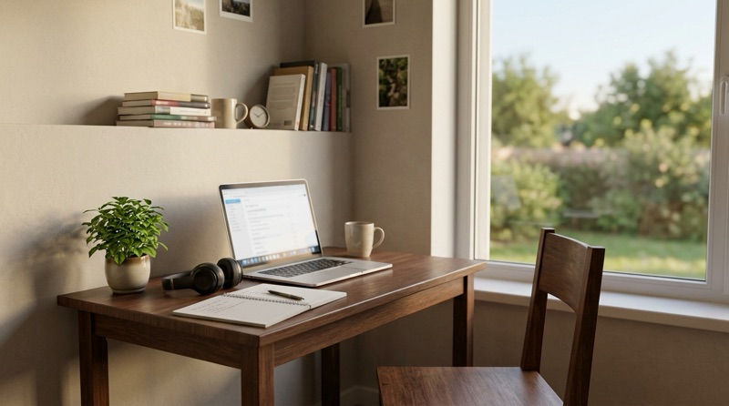 Rincón de estudio en casa con portátil, auriculares y cuaderno junto a la ventana