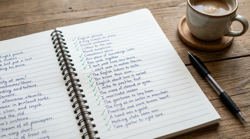 Cuaderno con frases en inglés marcadas con un tic verde, un bolígrafo y una taza de café