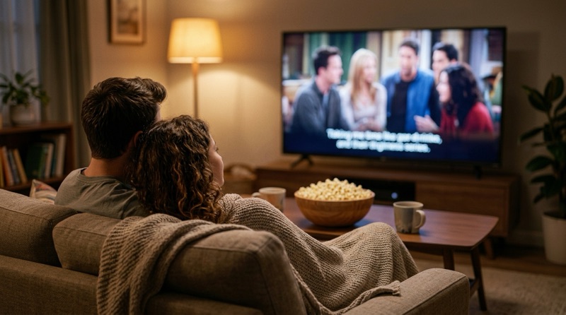 Pareja en el sofá viendo una serie con subtítulos en la televisión