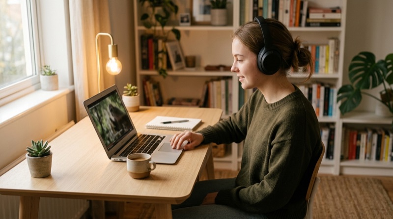 Persona estudiando inglés con portátil y auriculares