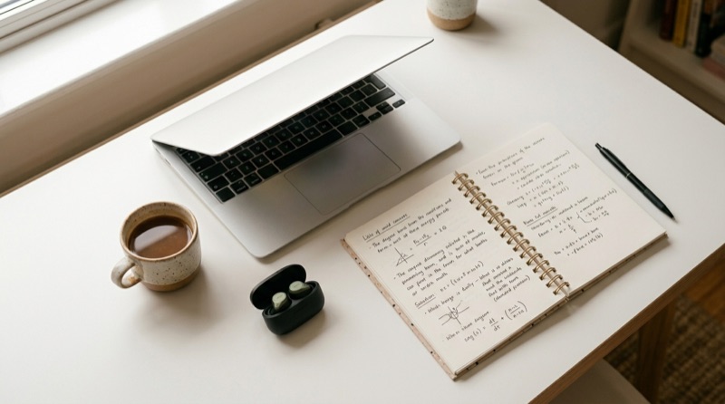Rutina de estudio de inglés: cuaderno, portátil y café