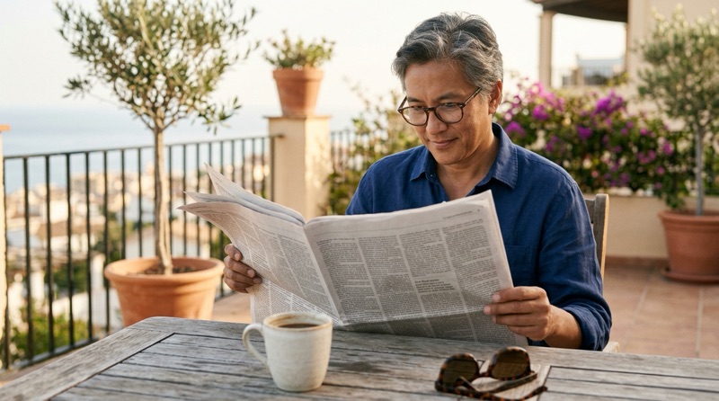 Hombre leyendo un periódico en inglés en una terraza con un café