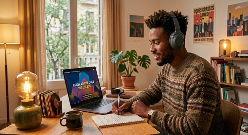 Persona escuchando y estudiando inglés con música en YouTube