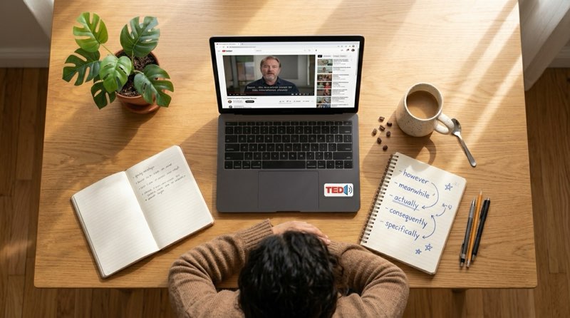 Persona tomando notas mientras ve YouTube en inglés con un café