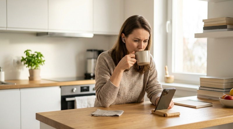 Mujer tomando un café en la cocina mientras mira el móvil