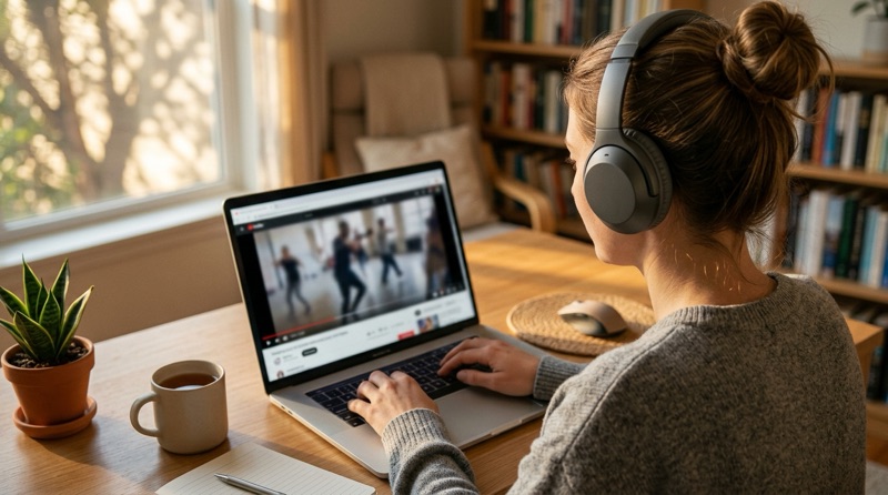 Chica con auriculares viendo un vídeo de YouTube en el portátil