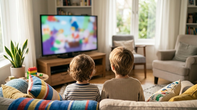 Dos niños de espaldas en el sofá viendo dibujos animados en la televisión