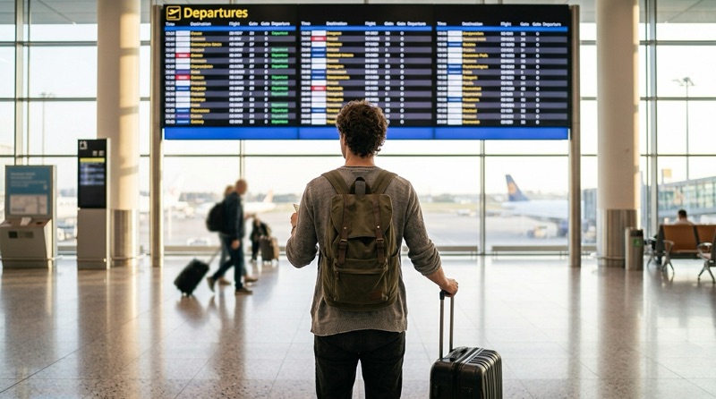 Viajero con mochila y maleta mirando el panel de salidas del aeropuerto