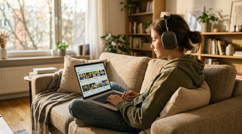 Chica con auriculares en el sofá mirando vídeos de YouTube en el portátil
