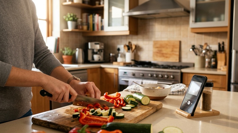 Persona cortando verduras en la cocina mientras escucha un pódcast en el móvil