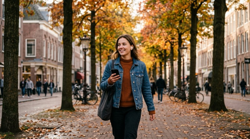 Chica paseando por una calle con árboles en otoño con el móvil en la mano