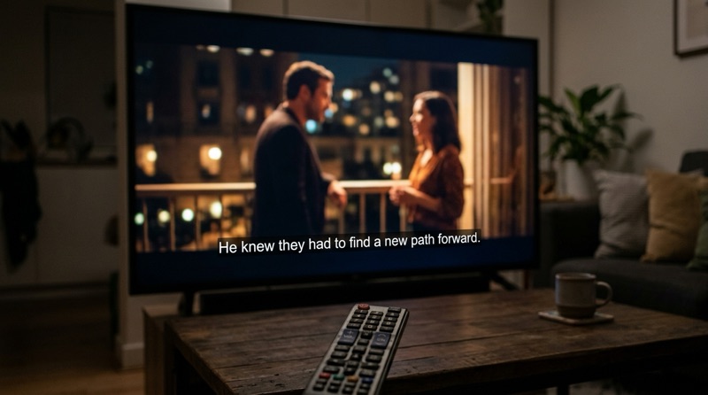 Televisión con una escena de película y subtítulos en inglés